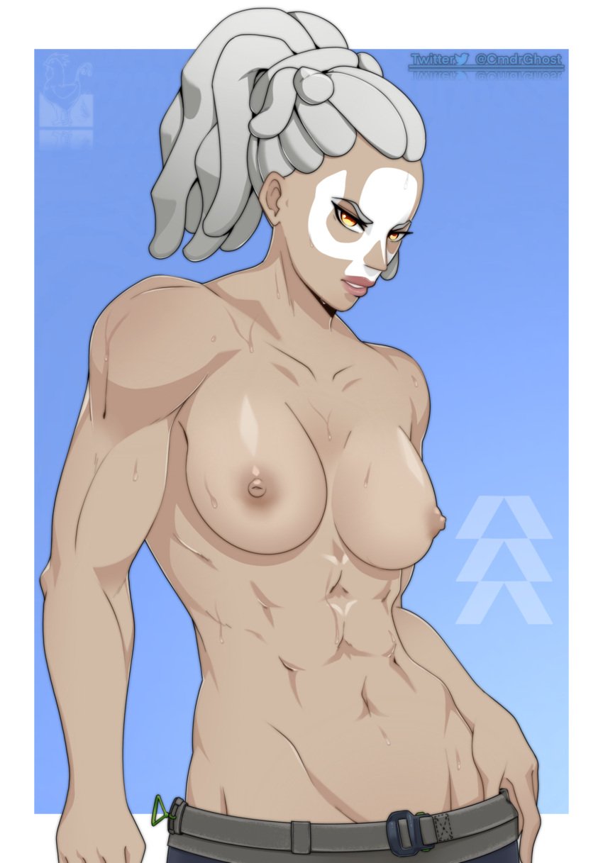 alternate alternate_version breasts breasts_out bungie cmdrghost cornrows dark_skin destiny_(game) destiny_2 guardian_(destiny) hunter_(destiny) nipples orange_eyes sweat topless topless_female white_hair