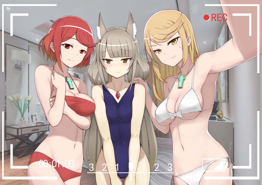 3girls bikini blonde_hair blue_one-piece_swimsuit blue_swimsuit bow_bikini bow_swimsuit breasts brown_eyes camera cat_ears core_crystal grey_hair hand_on_another's_shoulder large_breasts long_hair looking_at_viewer medium_breasts midriff mythra navel nia nia_(blade) nia_(xenoblade) nintendo one-piece_swimsuit pyra recording red_bikini red_eyes red_hair red_swimsuit short_hair shy side-tie_bikini side-tie_swimsuit sweatdrop swimsuit twintails white_bikini white_swimsuit xenoblade_(series) xenoblade_chronicles_2 yellow_eyes 懒龙