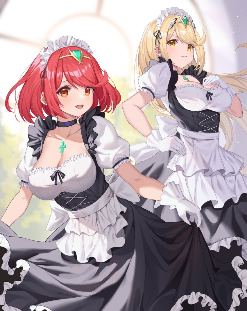 2girls apron blonde_hair breasts choker core_crystal curtsey enmaided gloves hand_on_chest hand_on_hip large_breasts long_hair looking_at_viewer maid maid_apron maid_headdress maid_uniform mythra nintendo pyra racket_ti1 red_eyes red_hair short_hair tiara waist_apron window xenoblade_(series) xenoblade_chronicles_2 yellow_eyes