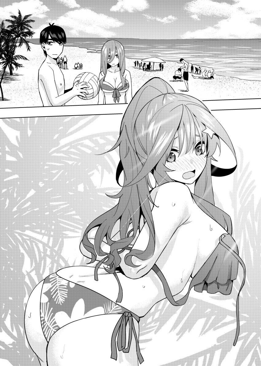 1boy 2girls absurdres ass ball beach bikini black_hair blush breasts from_behind go-toubun_no_hanayome hair_between_eyes highres kosmos_beta large_breasts leaning_forward long_hair looking_at_viewer monochrome multiple_girls nakano_itsuki nakano_miku ocean open_bikini open_clothes open_mouth palm_tree panels ponytail print_bikini screentones short_hair surprised sweatdrop swimsuit tree uesugi_fuutarou upper_body very_long_hair volleyball volleyball_(object)