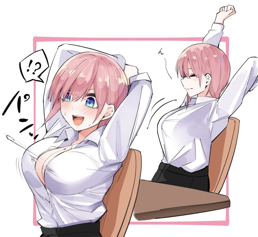 arms_behind_head arms_up blue_eyes blush breasts bursting_breasts button_pop buttons chair cleavage closed_eyes female go-toubun_no_hanayome highres large_breasts long_sleeves mame1645 nakano_ichika open_mouth pink_hair popped_button shirt short_hair sidelocks simple_background sitting surprised table wardrobe_malfunction white_background white_shirt