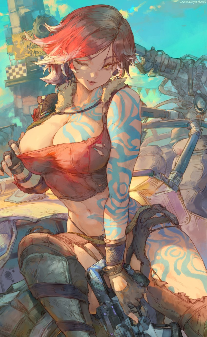 1girls absurdres areola_slip big_breasts borderlands breasts cleavage clothed clothing cutesexyrobutts erect_nipples_under_clothes female firearm human light-skinned_female lilith_(borderlands) pale_skin red_hair red_head shirt_pull siren_(borderlands) tattoo thighs weapon