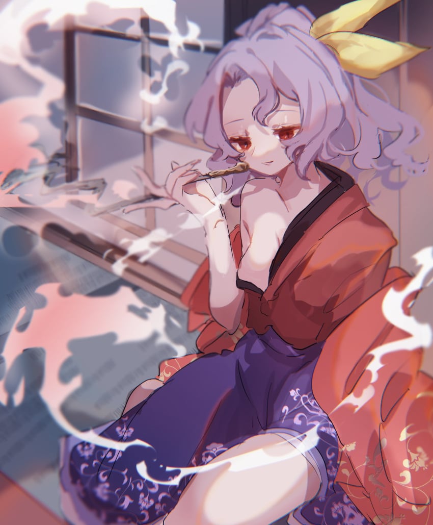 ayahi_4 bad_id bad_twitter_id breasts cleavage collarbone female forehead hair_ribbon highres holding holding_smoking_pipe japanese_clothes kimono kiseru komakusa_sannyo parted_bangs ponytail print_kimono purple_hair purple_skirt red_eyes red_kimono ribbon skirt smoking_pipe solo touhou wavy_hair window yellow_headwear