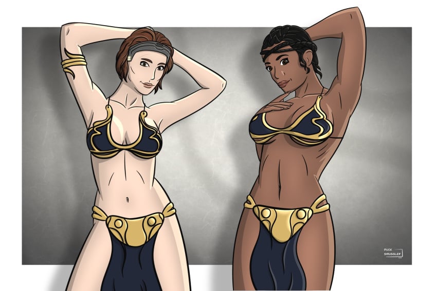 2d 2girls alternate_version_available arm_up armpits arms_up background bare_legs bikini bikini_bottom bikini_top black_hair blue_clothing bo-katan_kryze border bra breasts cleavage clothed clothed_female clothing dark-skinned_female dark_skin duck_smuggler female female_focus female_only femsub front_view grey_background hair hand_behind_head hands_behind_head happy koska_reeves light-skinned_female light_skin lips loincloth mandalorian midriff multiple_girls pinup pose seductive short_jhair signature simple_background slave slave_bikini slave_leia_(cosplay) slave_outfit smile spread_legs standing star_wars submissive the_mandalorian white_border