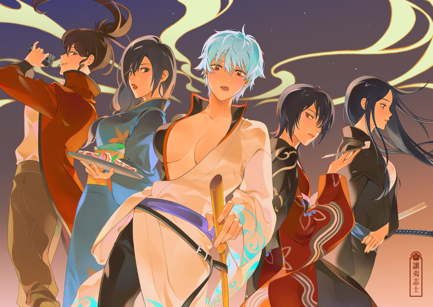 5girls big_breasts black_hair brown_hair canon_genderswap cleavage fan_character female female_only fully_clothed genderswap_(mtf) ginko_sakata gintama gintoki_sakata hadanugi_dousa hair_over_one_eye haori hayoyume hi_res katana katsura_kotarou kimono kiseru light_blue_hair long_hair looking_at_viewer multiple_girls no_bra official_alternate_costume open_shirt original_character pipe ponytail popped_collar rule_63 sakamoto_tatsuma short_hair smoking_pipe sword takasugi_shinsuke tongue_out very_short_hair weapon white_hair zurako