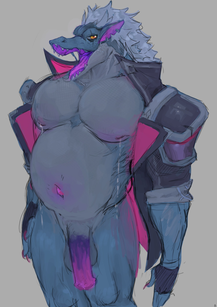 absurd_res anthro balls belly belly_blush big_belly big_moobs big_pecs blue_body blush bodily_fluids body_blush colored_nails drek'ar_(omega_strikers) ear_piercing eye_scar facial_scar fur genitals hi_res humanoid jacket_only lactating male male_lactation male_only moobs mostly_nude multicolored_body multicolored_penis muscular nails nipple_blush pecs penis piercing pregnant pregnant_male scar sightsear solo tongue tongue_out unusual_anatomy unusual_genitalia unusual_penis white_body white_fur wide_hips