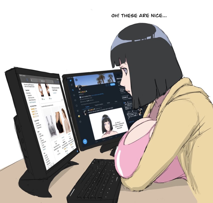 4th_wall_breaking big_breasts blue_hair boruto:_naruto_next_generations breast_press breasts_bigger_than_head cardigan cleavage computer english_text hyuuga_hinata milf mother naruto naruto_(series) pink_shirt short_hair text thick ultivlad white_eyes zetomeso