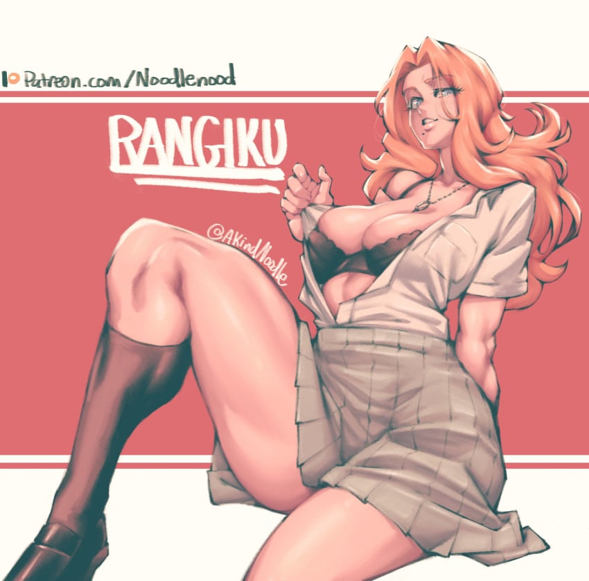 1girls aroodnoodle bleach bra female female_only long_hair matsumoto_rangiku mole mole_under_mouth noodlenood open_clothes open_shirt school_uniform shonen_jump shueisha signature solo underwear