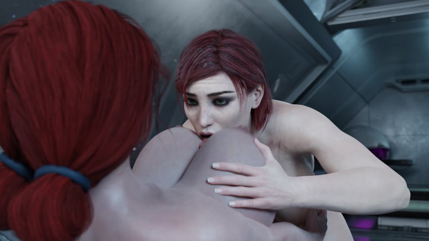 2girls 3d big_breasts blender breast_grab breast_worship commander_shepard crossover female female_only femshep grabbing_breasts green_eyes hi_res huge_breasts mass_effect masterbeta red_hair the_witcher_(series) the_witcher_3:_wild_hunt tongue tongue_out triss_merigold yuri