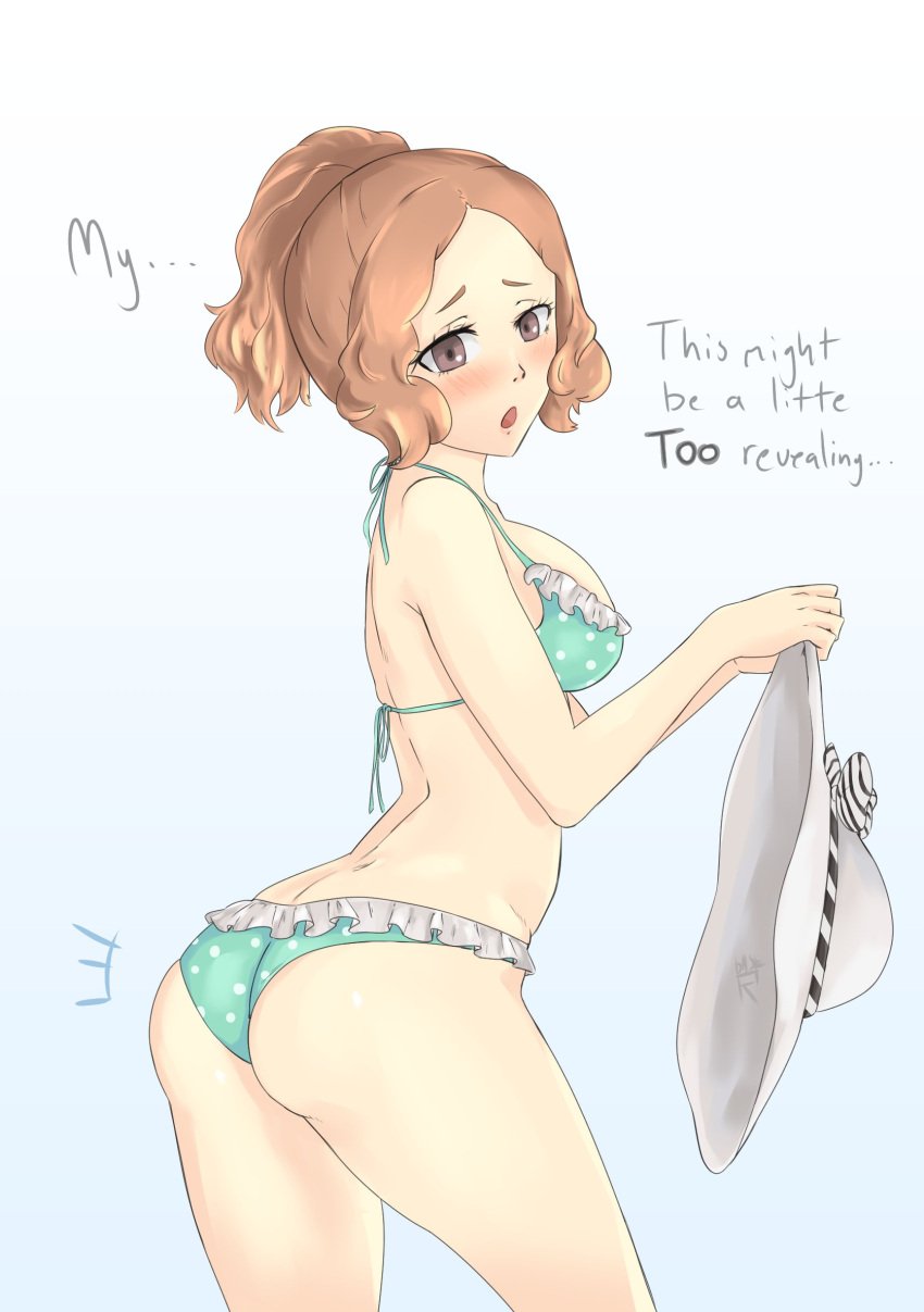 /// 1girls ass ass ass_focus atlus baser_guy beach_hat blush blush breasts brown_eyes brown_hair curly_hair dialogue embarrassed embarrassing embarrassment english_text female female_focus female_only floofy_hair fluffy_hair haru_okumura hat holding_hat nervous open_mouth open_mouth persona persona_5 ponytail posing red_cheeks sega solo solo_female solo_focus standing swimsuit swimwear thighs wavy_hair white_background