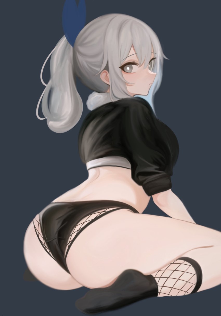 artist_name artist_request big_ass dark_gray_background expressionless fishnet_legwear fishnet_pantyhose fishnets honkai:_star_rail looking_at_viewer silver_wolf_(honkai:_star_rail) white_eyes white_hair woman