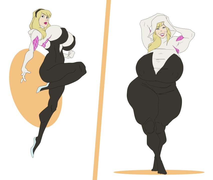 1girls age_progression big_breasts blonde_hair breasts female gwen_stacy hairband huge_breasts marvel mature_female milf milfification mombod nipple_bulge sequence spider-gwen spider-man_(series) thick_thighs transformation wide_hips winterwarning