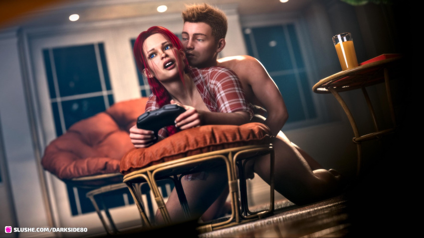 1boy 1girls 2022 3d bottomless darkside80 dutch_angle female from_behind male manon_(darkside80) multitasking nude nude_male original_character plaid_shirt playing_videogame red_hair shirt straight