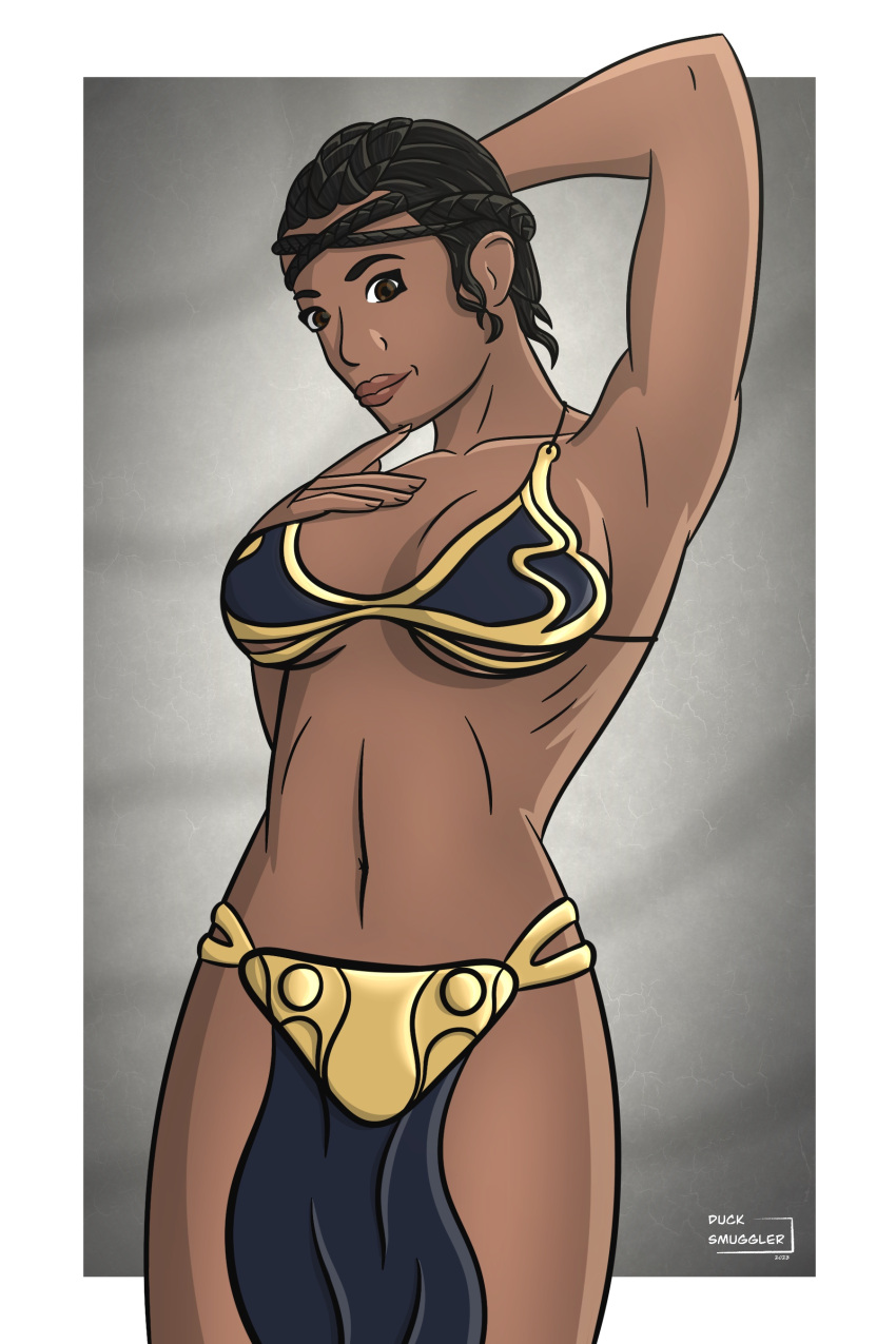 1girls bikini braided_bangs braided_hair dark-skinned_female duck_smuggler female female_focus female_only koska_reeves loincloth pinup slave slave_leia_(cosplay) slave_outfit smile solo solo_focus standing star_wars tagme the_mandalorian