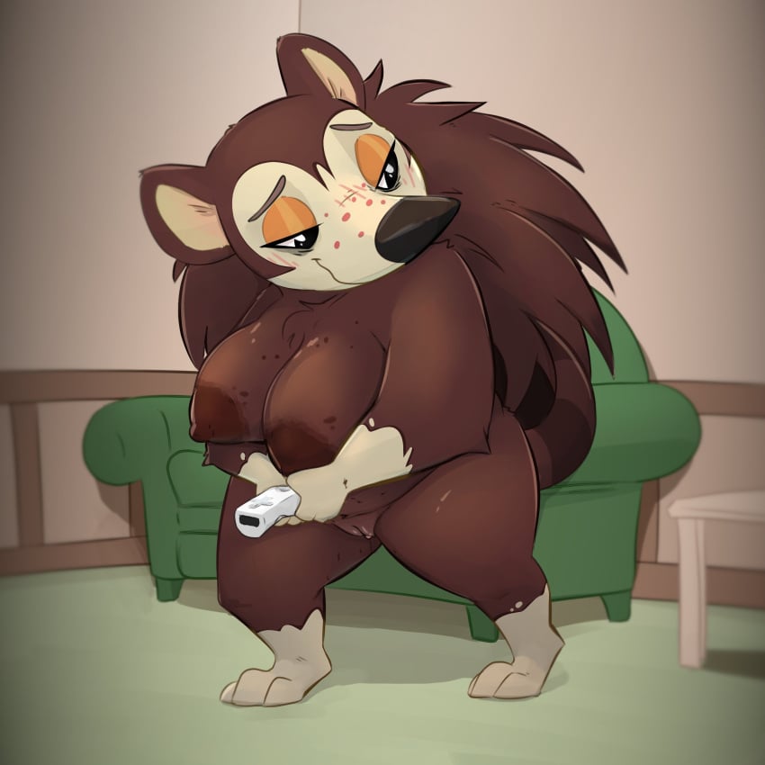 2023 absurd_res animal_crossing anthro big_breasts breasts brown_body brown_fur casual_nudity controller curvy_figure detailed_background eulipotyphlan female fur game_controller gaming genitals hedgehog hi_res holding_controller holding_object honeymono inside looking_away mammal nintendo nintendo_controller nude nude_female pussy sable_able solo thick_thighs voluptuous wii wii_remote wiimote