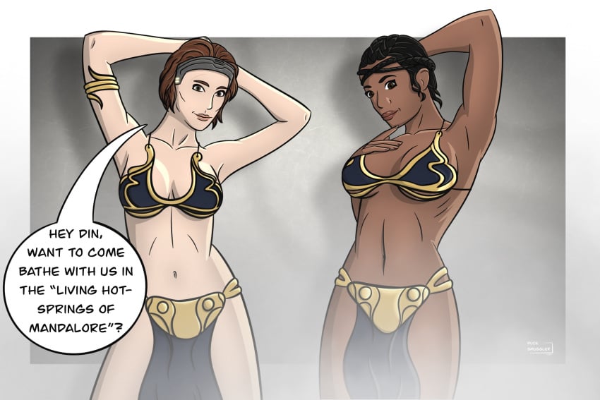 2girls alternate_version_available bikini bikini_bottom bikini_top bo-katan_kryze duck_smuggler female female_only inviting koska_reeves loincloth pinup seductive slave slave_bikini slave_leia_(cosplay) slave_outfit star_wars the_mandalorian