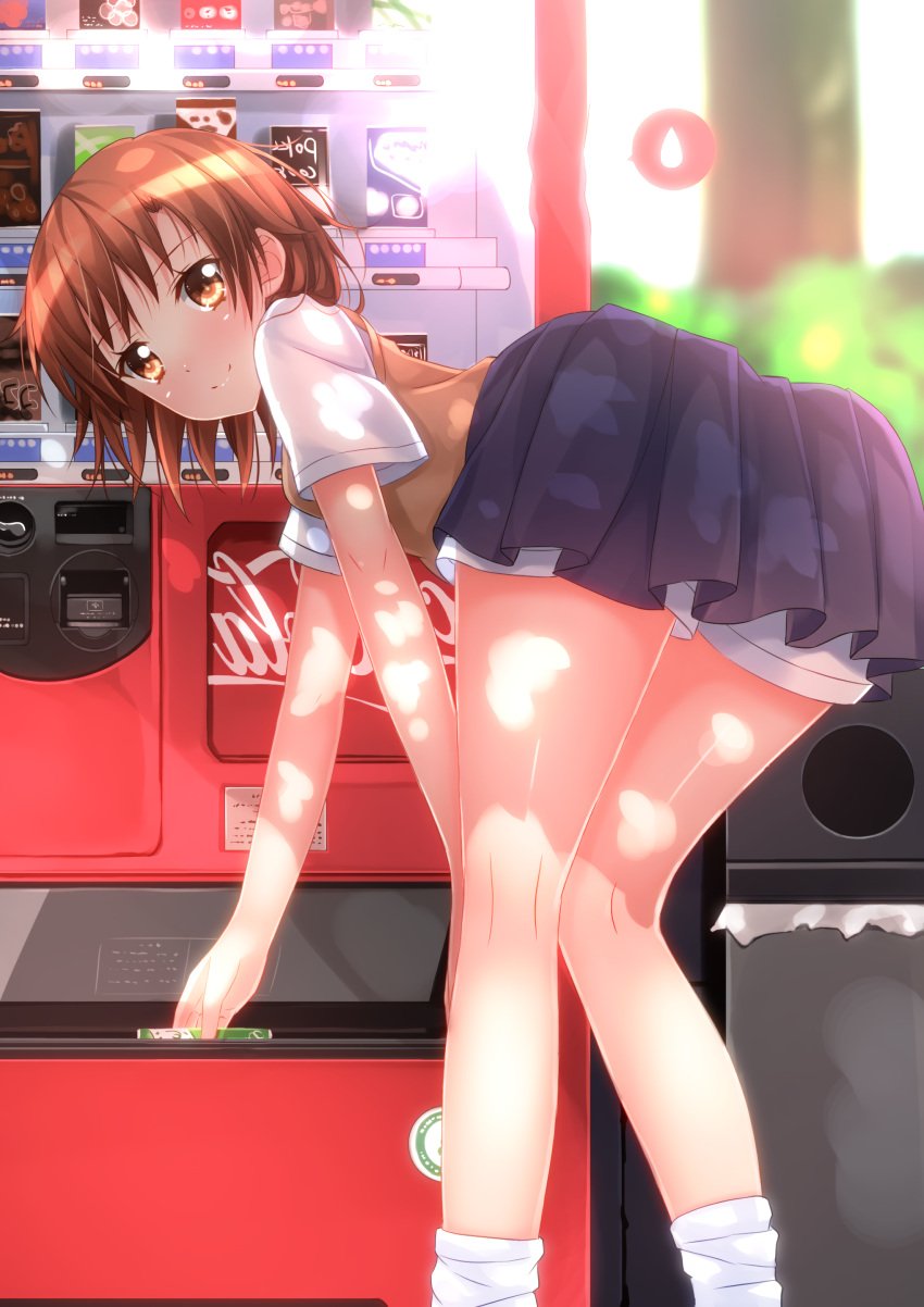 10s 1girls 2013 :) ass bare_legs bent_over blush brown_eyes brown_hair can dappled_sunlight day dem_legs female female_only from_behind hi_res kneepits long_legs looking_at_viewer looking_back loose_socks matching_hair/eyes misaka_mikoto outdoors school_uniform schoolgirl short_hair shorts shorts_under_skirt skirt smile socks soda_can solo spoken_sweatdrop sunlight sweatdrop sweater_vest swordsouls teenage_girl teenager to_aru_kagaku_no_railgun to_aru_majutsu_no_index tokiwadai_school_uniform vending_machine white_socks young