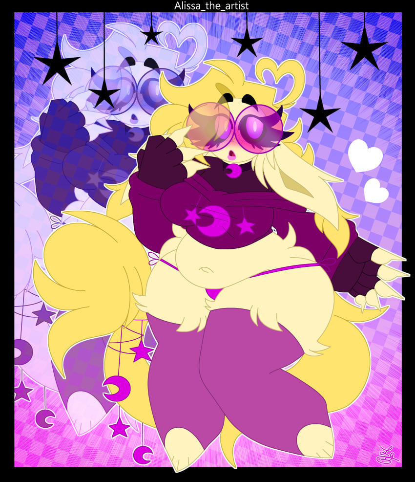 alissa_the_artist artist_signature big_breasts blonde_hair breasts claws female fluffy fluffy_tail glasses hoodie long_ears long_tail my_character oc original_character panties purple_eyes short_hair soft_alissa_(alissa_nsfw) thick_thighs thighhighs