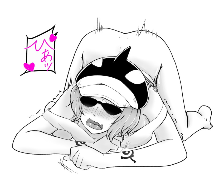 ass_up blush bottomless canon_genderswap face_down_ass_up female female_only genderswap_(mtf) hat headwear monochrome off_shoulder one_piece open_mouth pen_shachi rule_63 shachi_(one_piece) shiku_shiku_no_mi short_hair solo sunglasses tank_top tattoos tinted_eyewear trembling