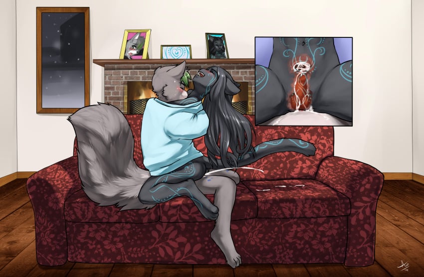 2014 absurd_res anatomically_correct anatomically_correct_genitalia anatomically_correct_penis anthro anthro_on_anthro anthro_penetrated anthro_penetrating anthro_penetrating_anthro aogami ass balls_deep blue_markings blush bodily_fluids bottomless brick brick_fireplace canid canine canis cheek_tuft clitoris closed_eyes clothed clothing cum cum_from_pussy cum_in_pussy cum_in_uterus cum_inside cum_on_sofa cum_splatter cutaway detailed_background domestic_dog duo ears_back ejaculation embrace erection facial_tuft felid female female_penetrated fire fireplace fluffy fluffy_tail from_front_position furniture genital_fluids genitals glistening glistening_hair green_highlights grey_hair hair hi_res highlights_(coloring) husky hybrid inside internal internal_vaginal james_(skatelian) knot knotting long_hair looking_pleasured male male/female male_penetrating male_penetrating_female mammal mana_roselani markings mastery_position navel night nordic_sled_dog on_sofa open_mouth open_smile pantherine penetration penile penile_penetration penis penis_in_pussy picture_frame pivoted_ears plant_print pussy sex sharing_clothing side_view sitting smile snow snowing sofa spitz straddling tail translucent translucent_body tuft uterus vaginal_knotting vaginal_penetration vaginal_penetration window wolf wood_floor