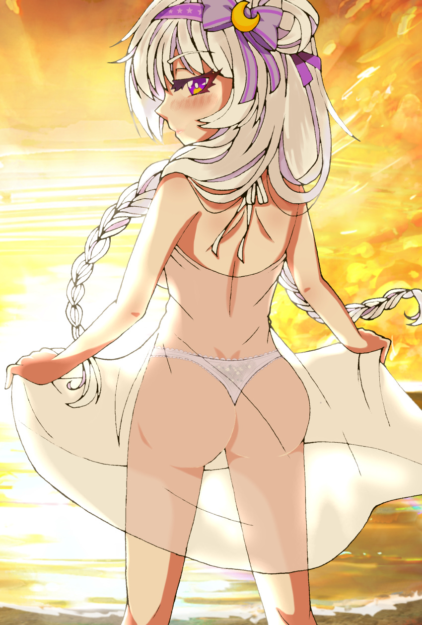 ass elia_stellaria lingerie panties purple_eyes ribbon see-through see-through_clothing sundress sunset v-dere virtual_youtuber white_hair