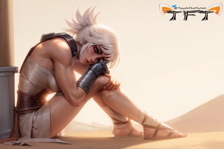 1girls ai_generated female female_focus female_only hands_on_knees league_of_legends riven sleeping solo solo_female solo_focus stable_diffusion tan_skin touchfluffytails white_clothing white_hair