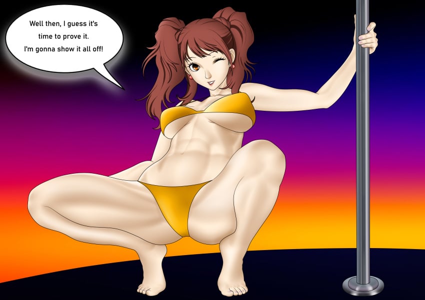 1girls bare_legs barefoot bikini breasts brown_eyes brown_hair female female_only kujikawa_rise large_breasts legs_apart legs_spread long_hair looking_at_viewer navel orange_bikini persona persona_4 persona_4_the_golden pole_dancing sae_niijima_(artist) short_hair solo solo_female solo_focus speaking_to_viewer stripper_pole swimsuit thong tied_hair twintails white_hair yu_nurukami