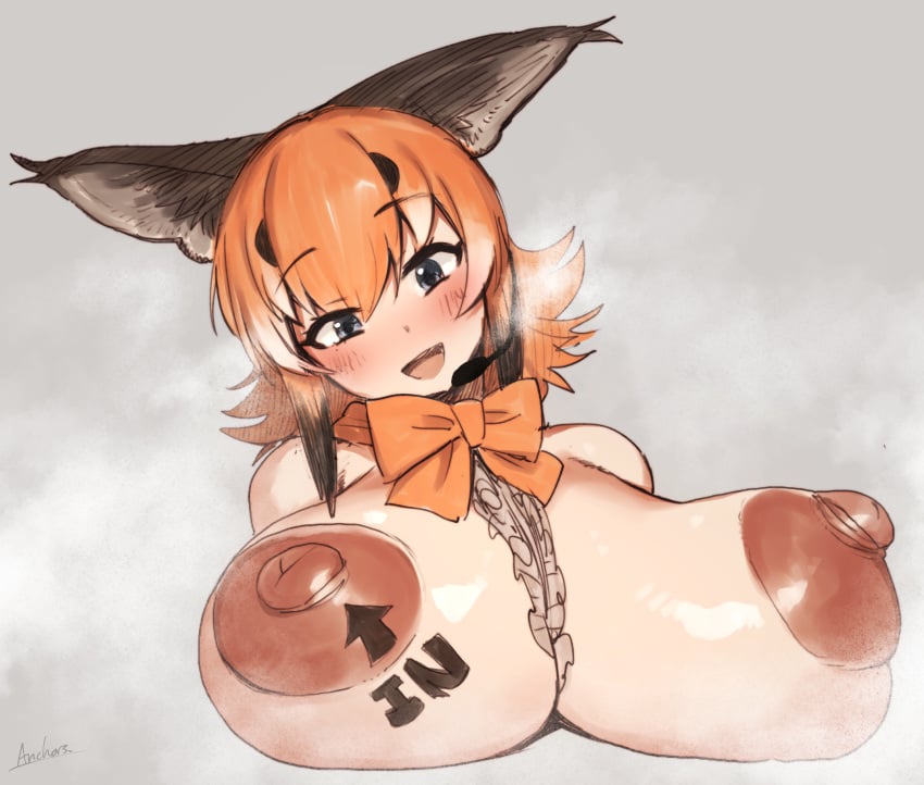 anchors animal_ears blue_eyes blush bow bowtie breasts caracal_(kemono_friends) caracal_ears extra_ears female grey_background highres huge_breasts kemono_friends kemono_friends_v_project large_pectorals long_hair looking_at_viewer microphone nipples nude open_mouth orange_hair pectorals simple_background solo virtual_youtuber