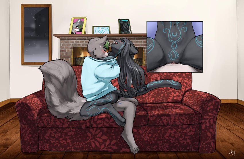 2014 absurd_res anthro anthro_on_anthro anthro_penetrated anthro_penetrating anthro_penetrating_anthro aogami ass balls_deep blue_markings blush bottomless brick brick_fireplace canid canine canis cheek_tuft clitoris closed_eyes clothed clothing cutaway detailed_background domestic_dog duo ears_back embrace facial_tuft felid female female_penetrated fire fireplace fluffy fluffy_tail from_front_position furniture genitals glistening glistening_hair green_highlights grey_hair hair hi_res highlights_(coloring) husky hybrid inside james_(skatelian) long_hair looking_pleasured male male/female male_penetrating male_penetrating_female mammal mana_roselani markings mastery_position navel night nordic_sled_dog on_sofa open_mouth open_smile pantherine penetration penile penile_penetration penis_in_pussy picture_frame pivoted_ears plant_print pussy sex sharing_clothing side_view sitting smile snow snowing sofa spitz straddling tail tuft vaginal_penetration vaginal_penetration window wolf wood_floor