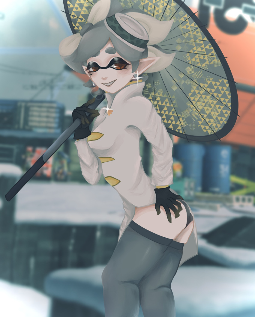 ass_focus ass_grab elf_ears gloves marie_(alterna) marie_(splatoon) panties smirk splatoon squid_sisters thatkoza thick_ass tights umbrella underwear