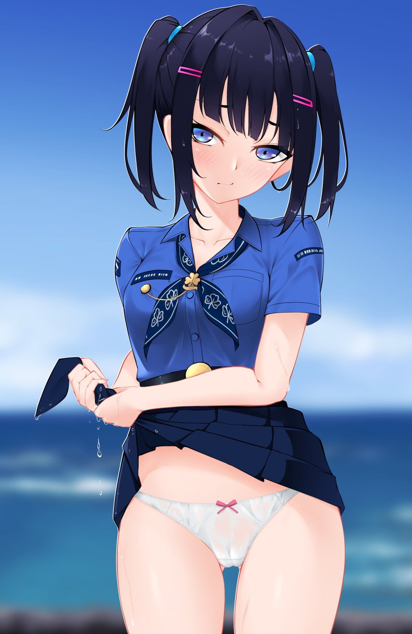 ass_visible_through_thighs black_hair blue_eyes cameltoe girl_scout light_blush thai_girl_scout thigh_gap water_drop white_panties wringing_clothes wringing_skirt z.taiga