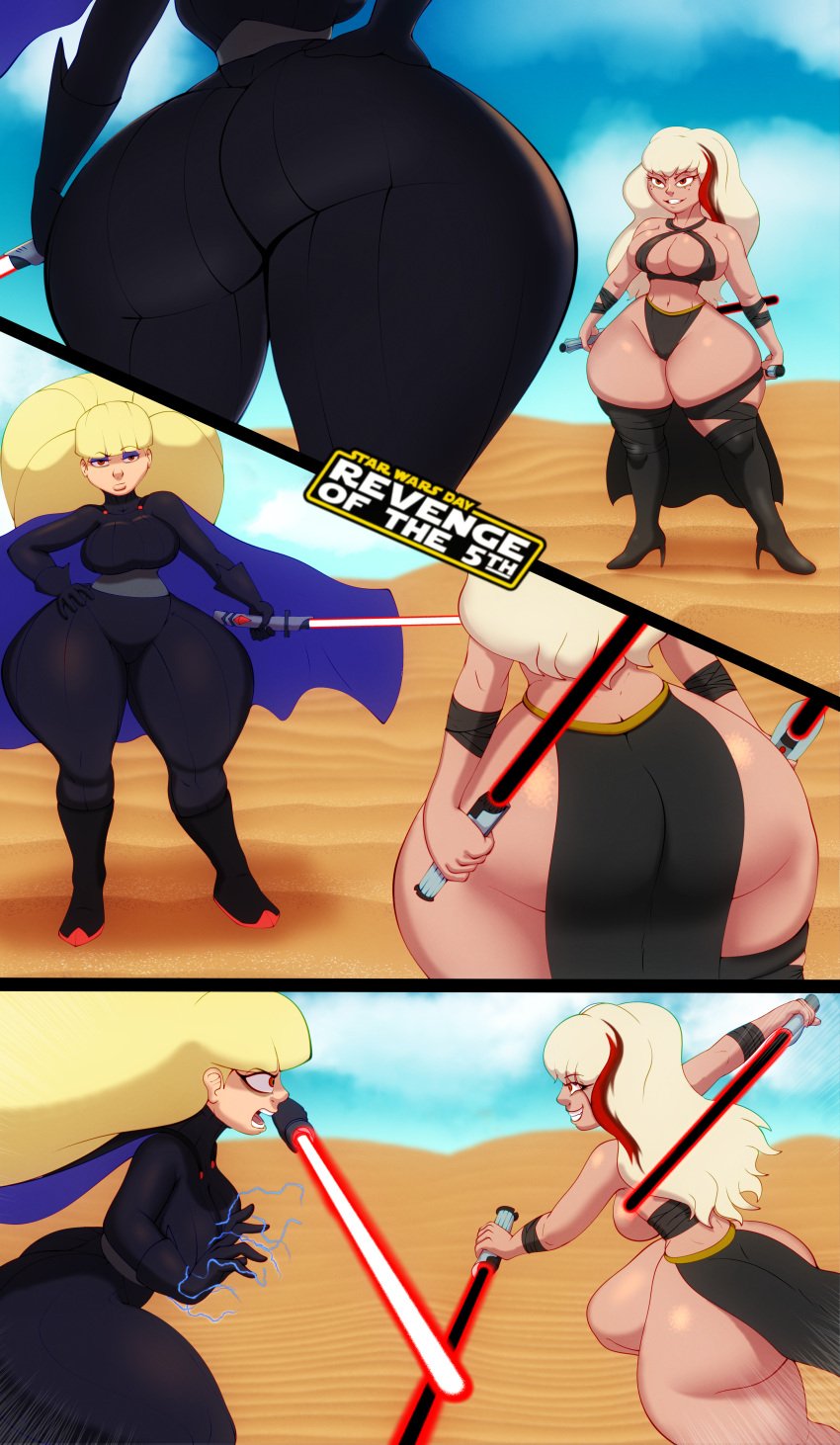 2girls ass ass_cleavage battle big_ass blonde_hair bodysuit boots bottom_heavy breasts bubble_butt butt_crack crossover dat_ass duel dumptruck_ass fat_ass female female_only freckles gravity_falls hand_on_hip high_heel_boots high_heels huge_ass jackie_lynn_thomas large_ass lightsaber massive_ass n-kosi n-kosi_(coloring) pacifica_northwest red_eyes revenge_of_the_5th sith star_vs_the_forces_of_evil star_wars straight_hair thicc-verse thick_ass thick_thighs thunder_thighs wide_hips