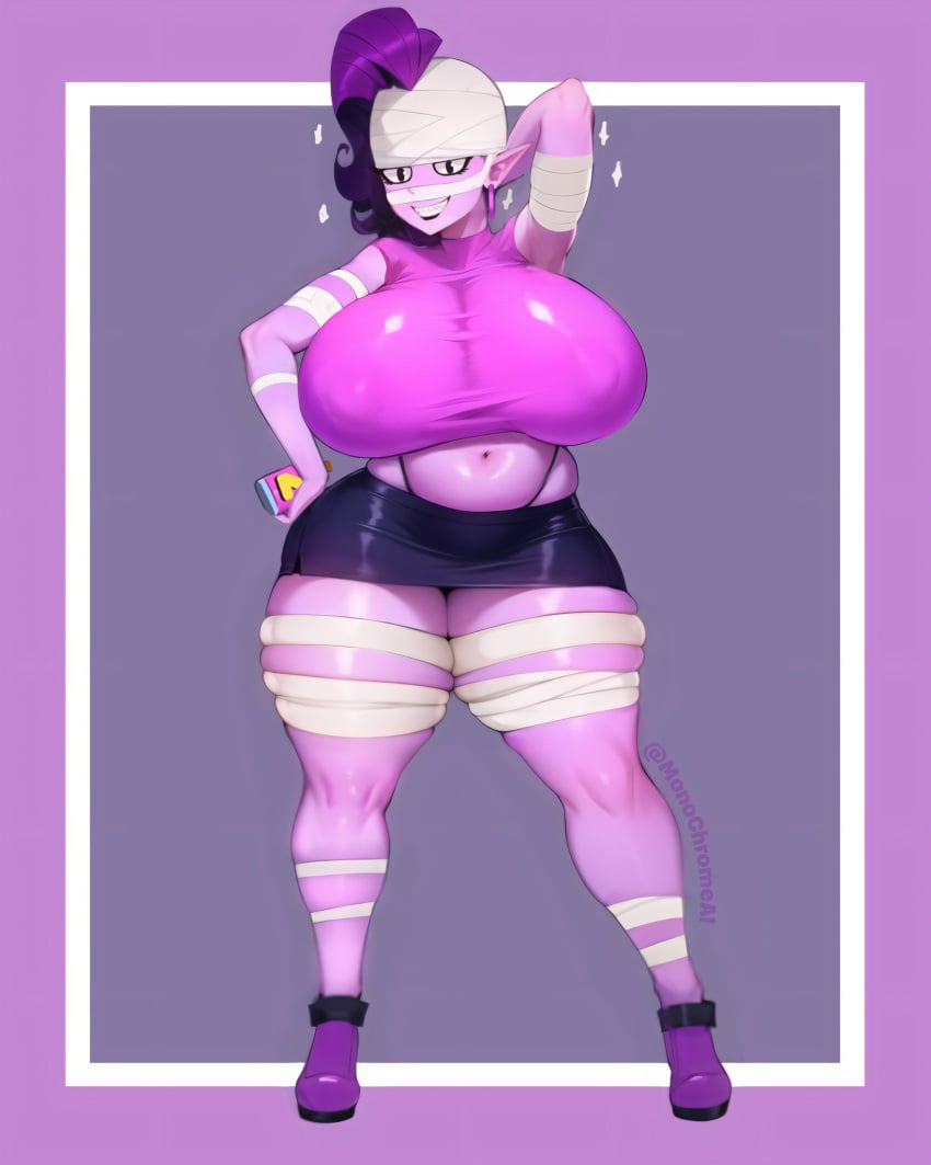 1girls ai_generated areolae_visible_through_clothing arms_behind_head bandage bandage_on_face bandage_on_nose bandaged_arm bandaged_head bandaged_leg bandages belly_button big_breasts black_eyes black_lipstick boots brawl_stars breasts_bigger_than_head busty clothed clothed_female curvaceous curvy curvy_body curvy_female curvy_figure curvy_hips earrings emz_(brawl_stars) female female_only front_view full_body fully_clothed fully_clothed_female holding_object huge_breasts large_breasts lipstick long_hair looking_at_viewer miniskirt monochrome_ai navel nipples_visible_through_clothing purple_boots purple_hair purple_miniskirt purple_skin purple_skirt purple_topwear sharp_teeth skirt smile smiling smiling_at_viewer solo solo_female supercell teeth thick thick_thighs tight_clothing tight_skirt voluptuous voluptuous_female wide_hips zombie zombie_girl