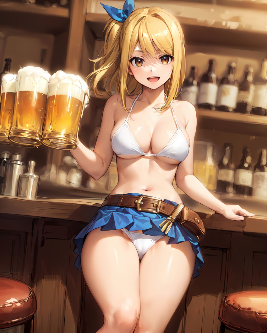 ai_generated beer big_breasts blonde_hair blue_skirt brown_eyes cleavage cute fairy_tail female female_only huge_breasts jordan53 lace-trimmed_panties lucy_heartfilia panties restroom skirt skirt_lift small_panties smile stable_diffusion thick_thighs upskirt white_bra white_panties