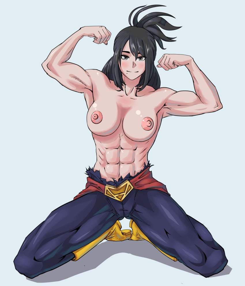 armpits asian asian_female beauty_mark black_hair bottomwear brown_eyes female hi_res highres libixus light-skinned_female light_skin long_hair looking_at_viewer mature mature_female milf mole mole_under_mouth mother muscle_pose muscular muscular_female my_hero_academia nana_shimura pose six_pack thick_thighs topless torn_clothes