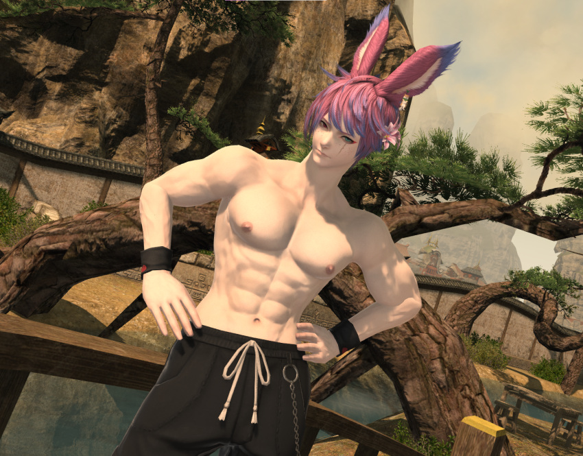 1boy abs athletic_male bunny_boy final_fantasy final_fantasy_xiv flower_in_hair male no_visible_genitalia odd_eyes purple_hair scar sfw six_pack square_enix tagme viera wristband