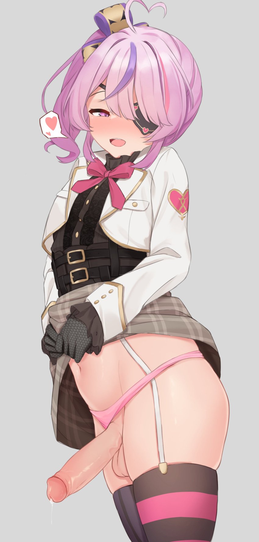 1futa absurdres ahoge balls big_penis black_gloves black_thighhighs blush bottomless clothed clothes_lift clothing clothing_aside cowboy_shot erection eyepatch foreskin futa_only futanari gloves grey_background heart heart_ahoge highres horny human lifted_by_self light-skinned_futanari light_skin long_sleeves maria_marionette mostly_clothed multicolored_hair navel nijisanji nijisanji_en one_eye_covered open_mouth panties panties_aside penis pink_eyes pink_hair pink_panties precum purple_hair retracted_foreskin short_hair simple_background skirt skirt_lift sleepypudding solo spoken_heart standing streaked_hair striped striped_thighhighs testicles thighhighs uncensored underwear virtual_youtuber