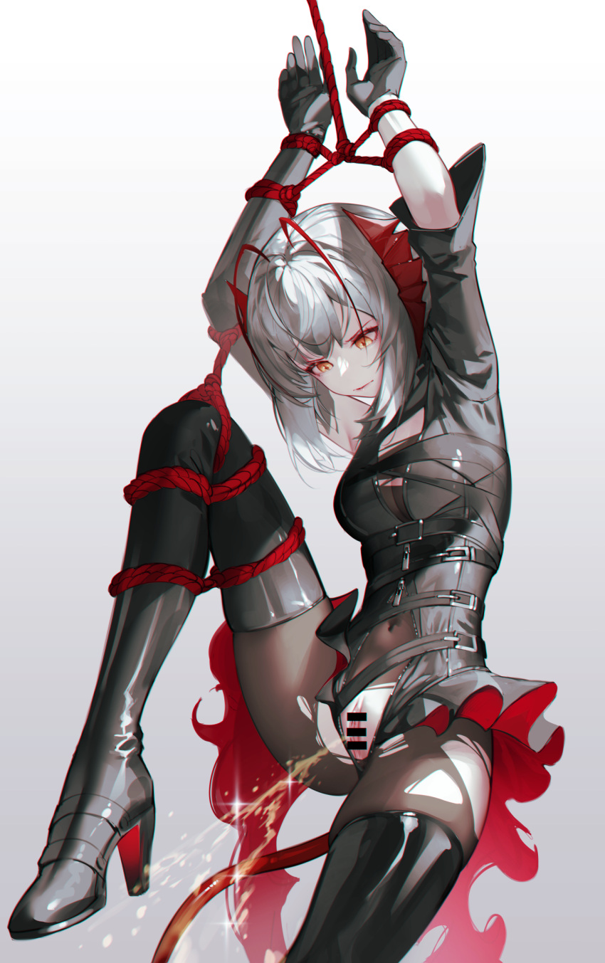 arknights bar_censor black_gloves black_jacket bondage boots bound bound_arms bound_wrists breasts censored demon_horns female gloves grey_hair highres horns iumu jacket looking_at_viewer medium_breasts pantyhose peeing peeing_on_viewer pussy red_eyes restrained short_hair solo tail thigh_boots w_(arknights)