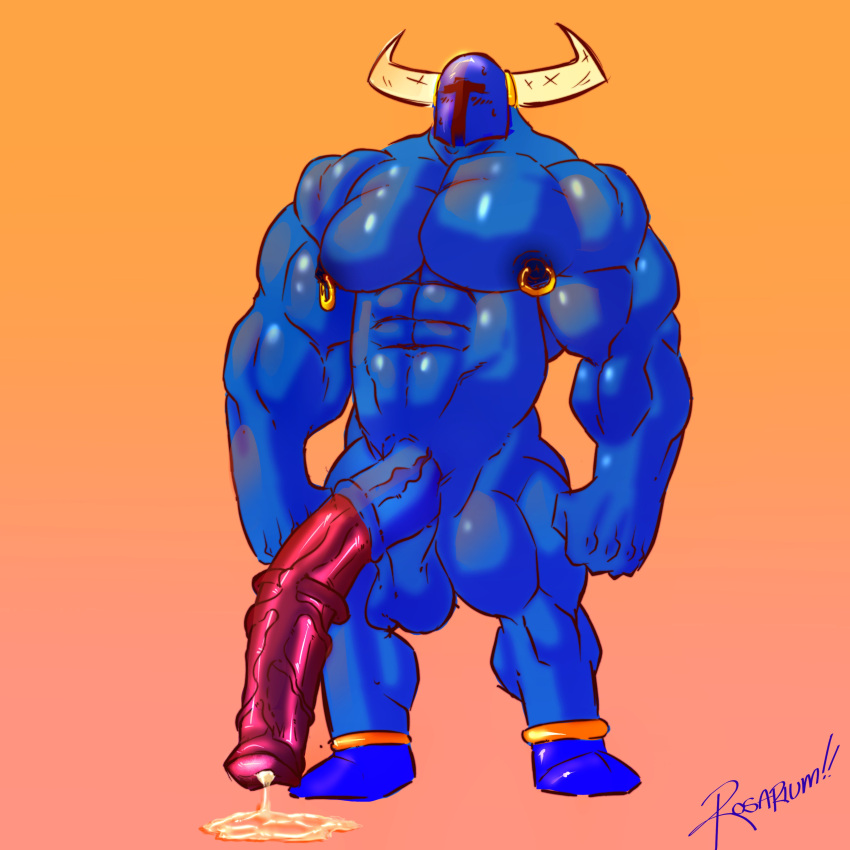 animal_genitalia balls bara big_balls big_penis cum equine_penis helmet horns horsecock male male_only medial_ring muscles muscular nipple_piercing penis rosarium shovel_knight shovel_knight_(character) solo solo_male yacht_club_games