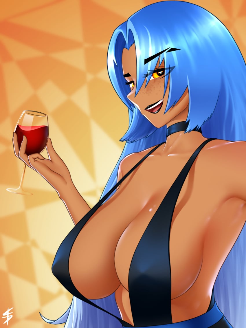 black_lipstick blue_hair breasts choker clothing dark-skinned_female dark_skin freckles glass_cup glass_of_wine halter_dress halterneck holding_glass holding_object kodyparbs solo solo_female wine yellow_background yellow_eyes