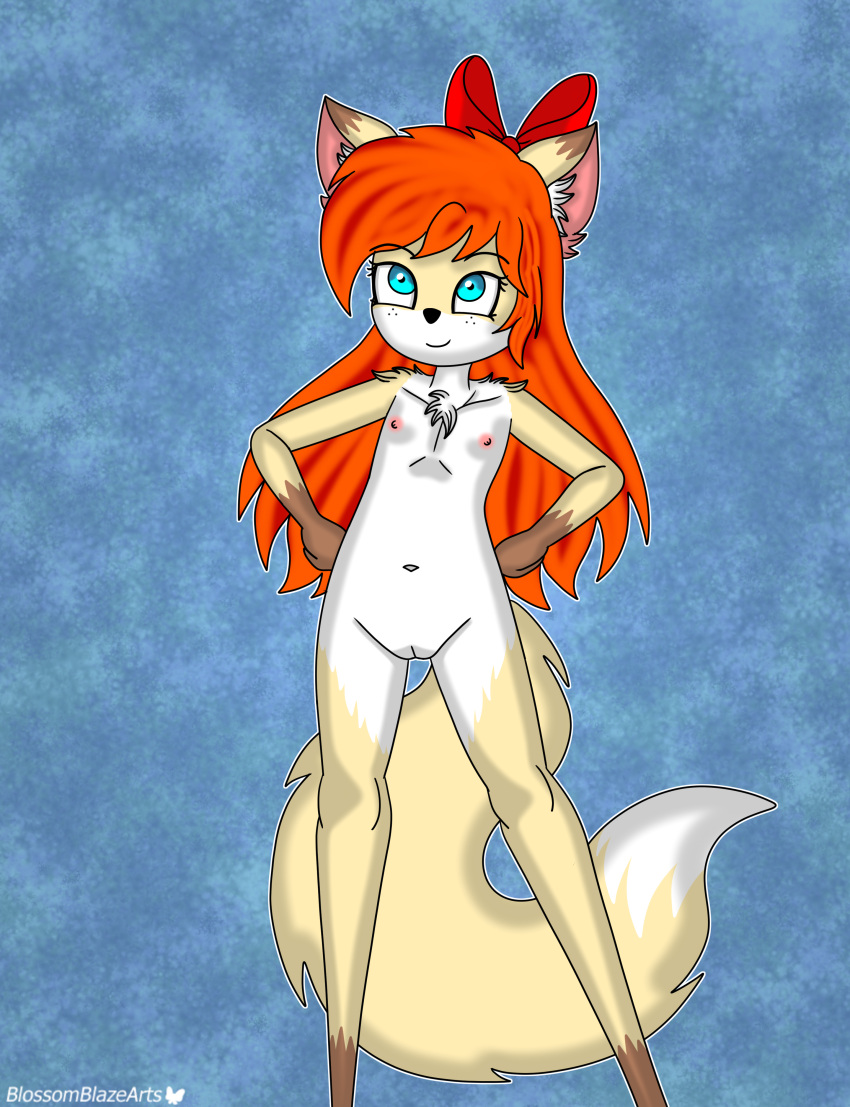 1girls absurd_res accessory anthro blossomblaze blue_eyes bow_ribbon canid canine chest_fur fan_character female female_only fox freckles genitals hair hair_accessory hair_ribbon hairbow hi_res humanoid long_hair long_tail looking_at_viewer mammal nipples nude orange_hair pussy red_hair ribbons smile smiling_at_viewer solo spread_arms spread_legs spreading tail