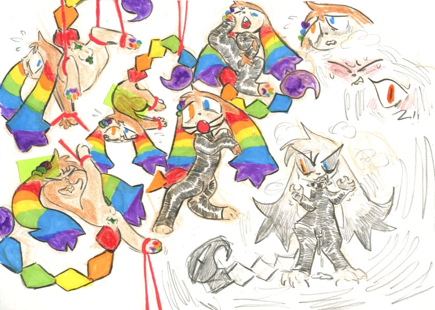 2021 anthro anus ball_gag balls bondage bound bwrd corruption eyewear gag genitals glasses hi_res l33t_(labbit1337) leaking_through_clothing male male_only multicolored_ears multicolored_tail rainbow_ears rainbow_tail semi-anthro solo tail traditional_media_(artwork)