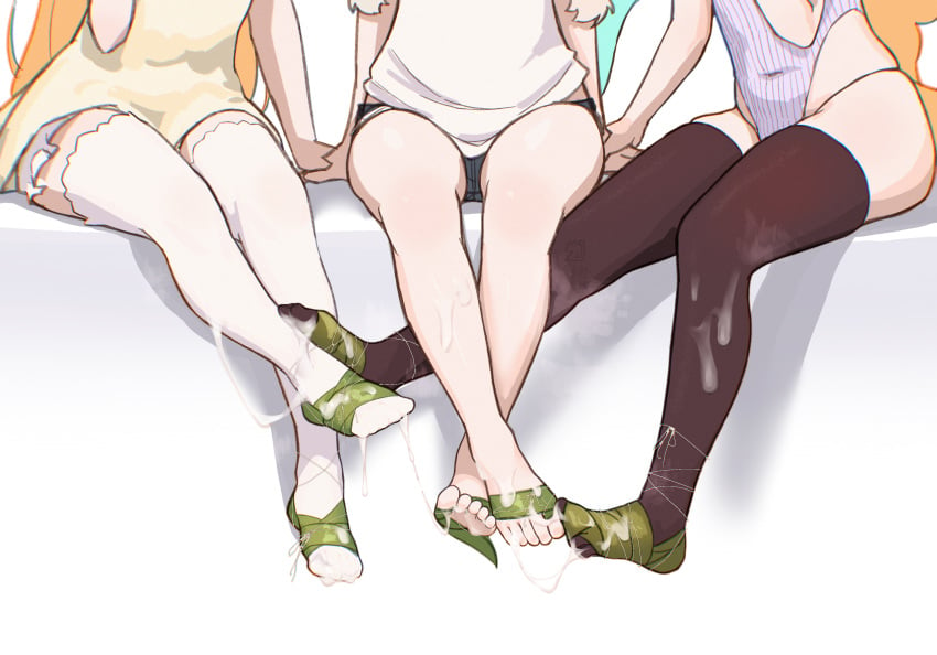 3girls absurdres bare_legs brown_thighhighs chack520 covered_navel crossed_ankles cum cum_on_body cum_on_clothes cum_on_feet cum_on_legs dorsiflexion dress feet frills highres legs leotard long_hair lower_body multiple_girls no_shoes original ribbed_leotard shadow shirt short_dress simple_background sitting skindentation thighhighs toenails toes white_background white_shirt white_thighhighs