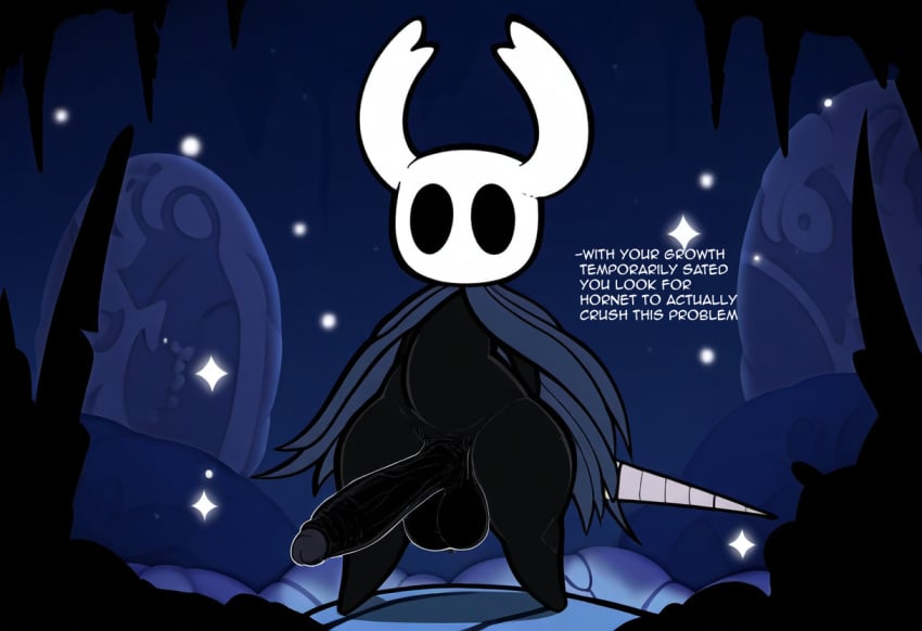 absurd_res ai_generated anthro arthropod balls big_balls big_penis black_body cloak clothing erection fecharis foreskin genitals glans hellsonger hellsonger_hollow_knight_ai_art hi_res hollow_knight horn humanoid_genitalia humanoid_penis insects male melee_weapon penis protagonist_(hollow_knight) solo standing team_cherry text vessel_(species) weapon