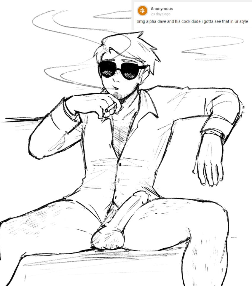 alpha_dave_strider blonde_hair dave_strider hairy homestuck jadedavekarkat male male_focus male_only partially_clothed smoking solo_male sunglasses