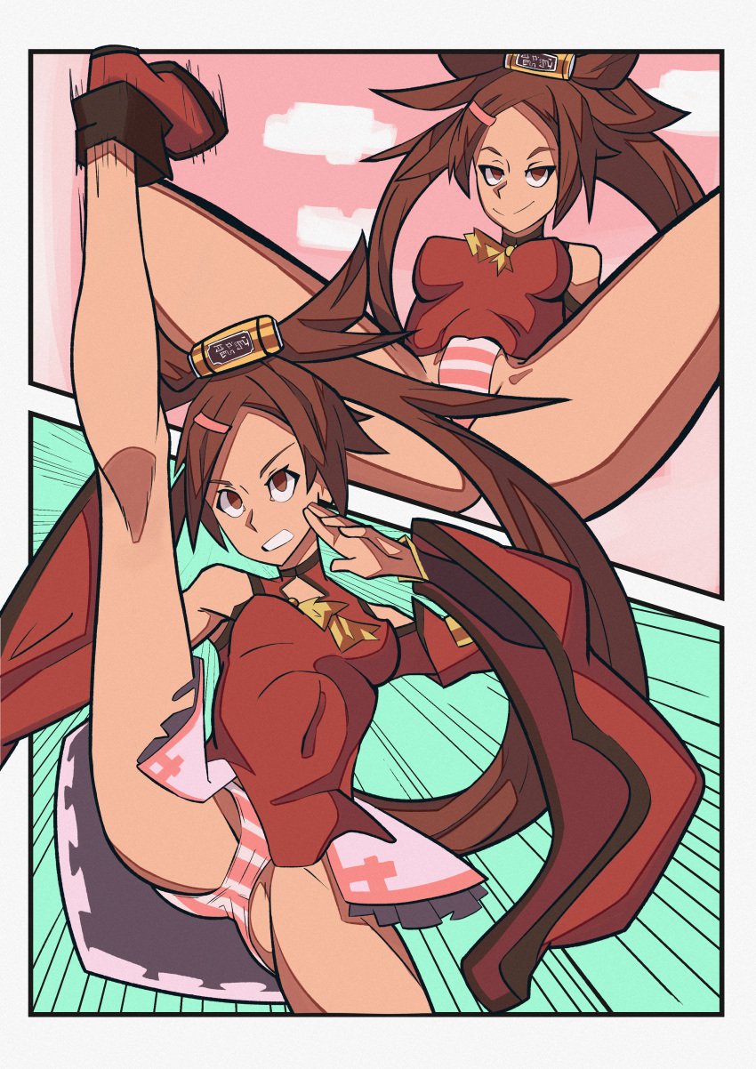 1girls brown_eyes brown_hair comic drawskuma guilty_gear kuradoberi_jam panties spread_legs striped_panties