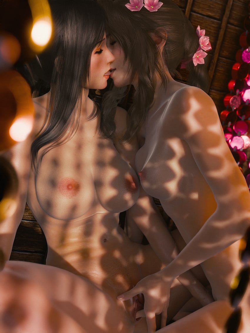 2girls 3d aerith_gainsborough aerith_gainsborough_(pink_mermaid) black_hair breasts brown_hair closed_eyes dappled_sunlight final_fantasy final_fantasy_vii final_fantasy_vii_rebirth final_fantasy_vii_remake fingering flower french_kiss hair_flower hair_ornament highres kissing large_breasts medium_breasts multiple_girls nude nude_female official_alternate_hairstyle pussy ria-neearts ria_(baka-neearts) small_breasts sunlight swimsuit tifa_lockhart tifa_lockhart_(shining_spirit) tongue yuri