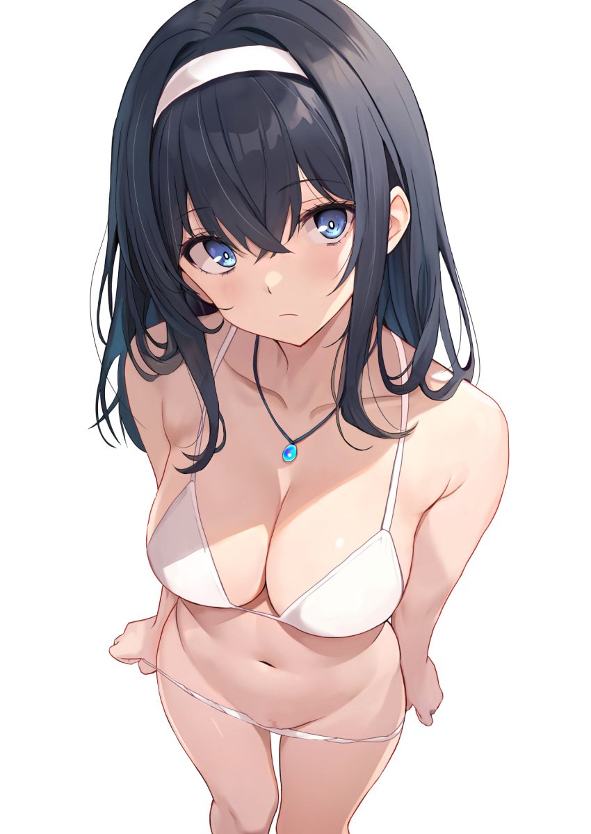 bare_shoulders bikini bikini_bottom_pull blue_eyes breasts censored collarbone cowboy_shot female highres idolmaster idolmaster_cinderella_girls jewelry large_breasts looking_at_viewer medium_hair mosaic_censoring navel pendant pussy rikudou_inuhiko sagisawa_fumika simple_background solo swimsuit white_background white_bikini