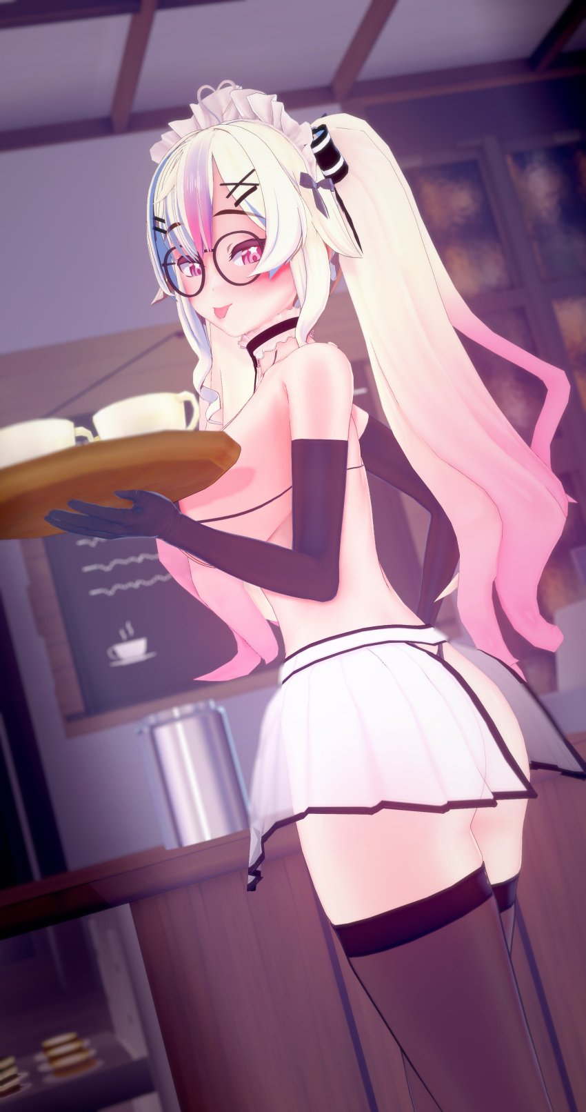 1girls 3d ass back_view big_breasts bikini blonde_hair breasts cafe coffee coffee_cup deluxe_rosie elbow_gloves female female_only glasses gloves indie_virtual_youtuber indoors light-skinned_female light_skin looking_at_viewer multicolored_hair pink_eyes pink_hair revealing_clothes ribbon see-through see-through_clothing sideboob solo solo_female string_bikini suko_(vtuber) teasing thick_thighs thighhighs thighs tongue tongue_out translucent translucent_clothing twintails virtual_youtuber