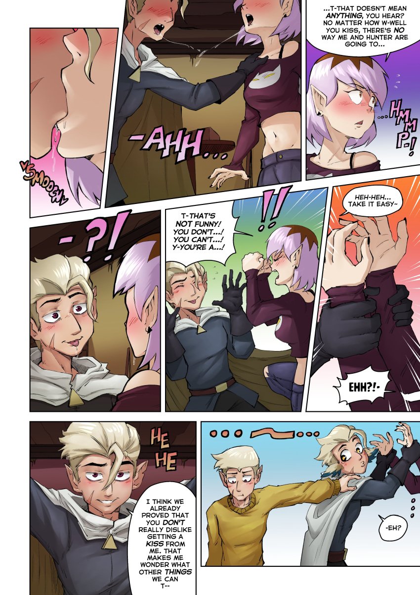 amity_blight blonde_hair comic dialogue english_text hunter_(the_owl_house) kissing light-skinned_female light-skinned_male light_purple_hair magenta_eyes ruddyrzaq saliva shapeshifter text the_amiter_secret the_owl_house tongue_out vee_(the_owl_house) yellow_eyes